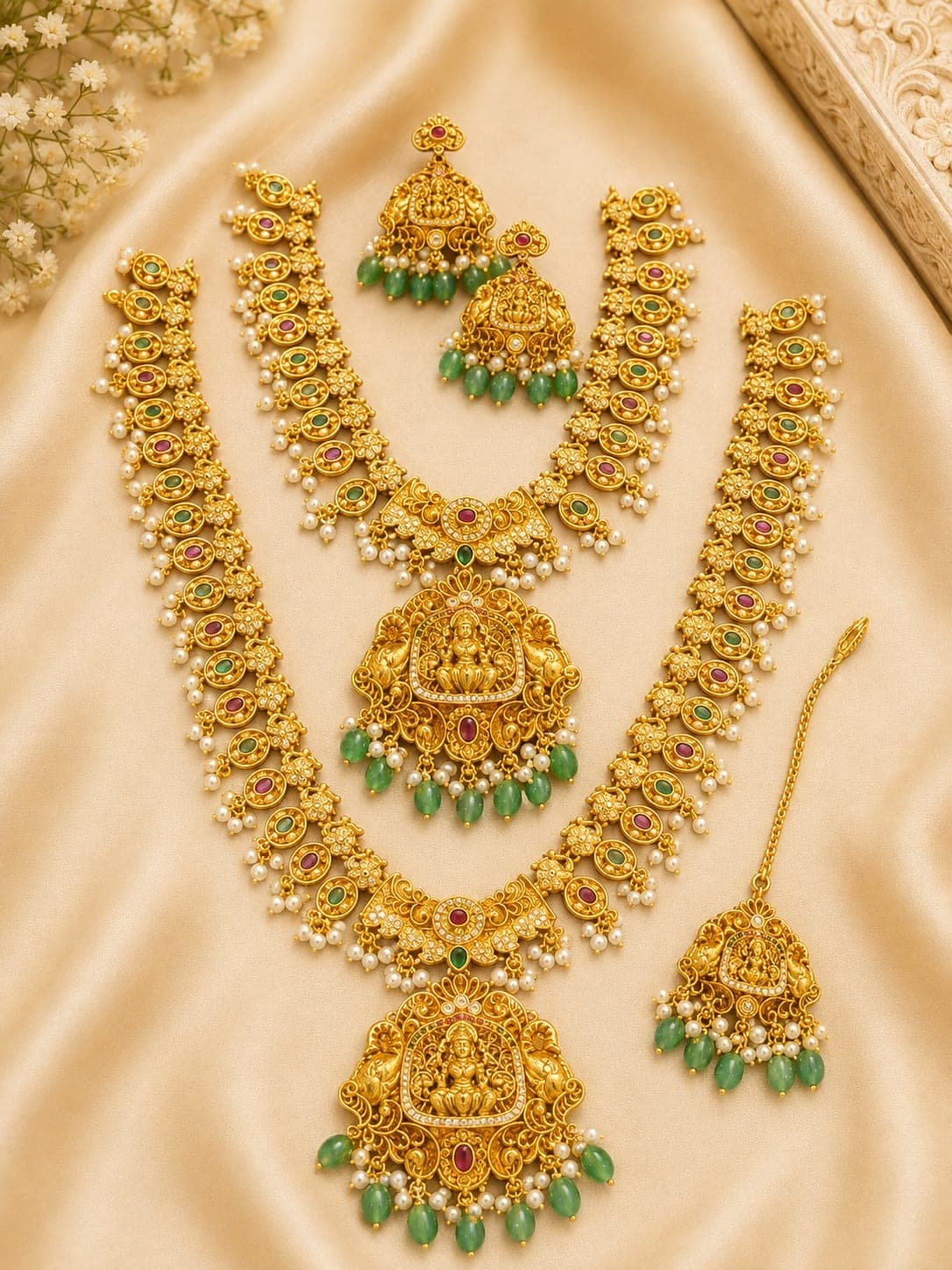 Antique gold Lakshmi bridal set with green bead drops