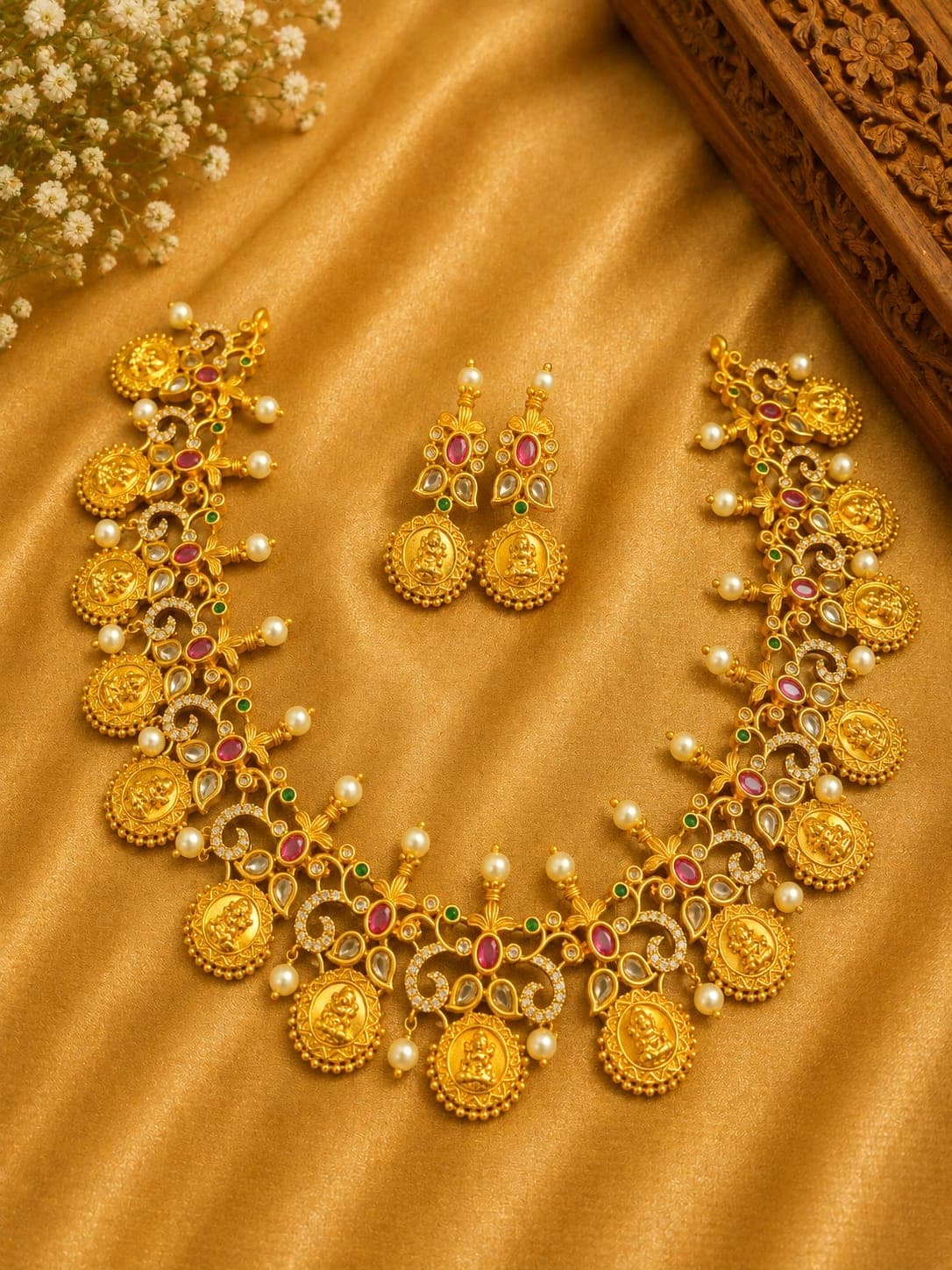 Lakshmi coin necklace with kemp stones and pearls